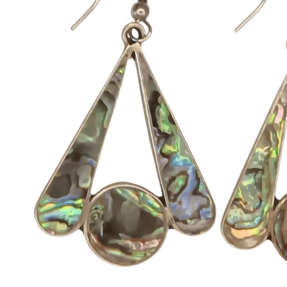 Vintage Alpaca Mexico Silver Abalone Mother of Pearl Pierced Earrings Fan Shaped - Picture 3 of 8